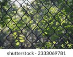 View of green leaves in a forest scene through a black chain link fence. Abstract geometric nature background.