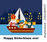 Cute greeting card with Saint Nicholas with mitre, pastoral staff and gifts. Sinterklaas and helpers on boat. European winter tradition. Sinterklaas with kids on steamboat