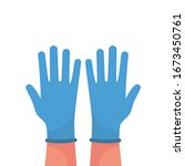 Hands putting on protective blue gloves. Latex gloves as a symbol of protection against viruses and bacteria. Precaution icon. Vector illustration flat design. Isolated on white background.