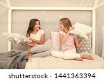 Small photo of Childhood friendship concept. Girls happy best friends sleepover domestic party. Sleepover time for fun gossip story. Best girls sleepover party ideas. Soulmates girls having fun sleepover party.