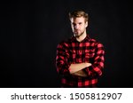 Small photo of Standards of manliness or masculinity. Handsome well groomed man in checkered shirt. Manliness concept. Meaning of modern manliness. Male beauty, Barbershop and beauty salon. Hipster black background.