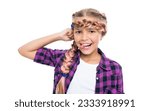 Small photo of hair braid hairstyle. happy teen girl showing hair braiding. teen girl has braided hair. Beautiful braided hairstyle on the girl. Braided hairstyle adds charm to the girl look