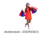 Small photo of teen girl shopaholic in studio with copy space advertisement. teen girl shopaholic on background
