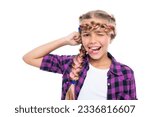Small photo of happy teen girl showing hair braiding. teen girl has braided hair. hair braid hairstyle. Chic and trendy braids in the girl hair. Stylish girl flaunting her braided hairstyle