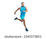 Small photo of sport jogger listen to music. The jogger ran at sport training isolated on white. In a morning sport workout jogger run in studio. The jogger stretched legs before running
