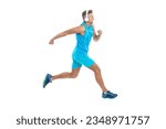 Small photo of The jogger stretched legs before running. sport jogger listen to music in headphones. The jogger ran at sport training isolated on white. In a morning sport workout jogger run in studio