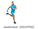 Small photo of In morning sport workout jogger run in studio, advertisement. The jogger stretched legs before running. sport jogger listen to music in headphones. The jogger ran at sport training isolated on white