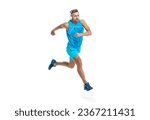 Small photo of The jogger stretched body before running. sport jogger listen to music in headphones. The jogger ran at sport training isolated on white. In a morning sport workout jogger run in studio
