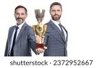 Small photo of business success and reward. businessman in suit isolated on white. champion cup reward. successful leadership of business man. champion. businessman rewarded for success. perfect business team