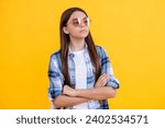 Small photo of arrogant teen girl in casual style. Young teen girl standing in sunglasses. Beautiful teen girl wearing checkered shirt. teen girl with long hair. expressing arrogance