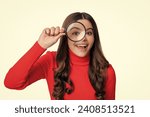 Small photo of Curious mind. teen girl use magnifying glass for curiosity. school education for curious teen girl. magnifying and discovering. Unquenchable curiosity. Insatiable thirst for knowledge