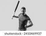 mature man with aggression threatening. man express aggression with bat isolated on grey