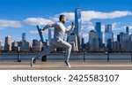 Small photo of The jogger run at sport training. Sportsman jogger running or jogging. Man in sports suit training jogging. Running man in Manhattan. Morning sport workout jogger run in New York. Banner