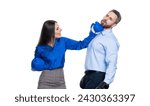 Small photo of anger management. business fight with two businesspeople. businesspeople fight against each other. business fight. business partners fighting in boxing gloves isolated on white