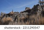 Small photo of The desert, dry and torrid nature of the surroundings of the viewpoint of Ocolle du Perou, walk and walk on a path along the high mountains, ruines Uyu Uyu. Wall of an old historic stone dwelling
