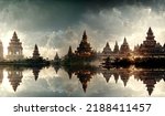 A magical, fantastic historical temple .Old historical temple of buddhism landscape.Fabulous illustration. 3D artwork with noise and grain.