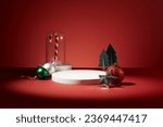 Small photo of A candy cane inside a glass cage displayed with few sparkling baubles, a star and christmas trees. Blank space on the white podium to show your product