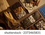 View from above of a lot of herbal medicine are displayed with few packs of medicine and two ancient Chinese medicine books. Precious medicine for health