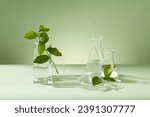 Small photo of Table showcases fresh green tea leaves and glassware. RD for vegan cosmetics enriched with green tea extract—a fusion of nature and innovation.