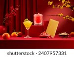 Small photo of A party table with colorful cocktails, fruit jam, lucky money envelope, tangerines, yellow apricot flowers, etc. Space for Tet advertising with front view.