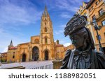 Oviedo Cathedral and Regenta statue in Asturias of Spain