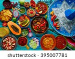 Mexican food mix colorful background Mexico and sombrero