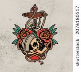head skull with red rose flower ... | Shutterstock .eps vector #2076180517