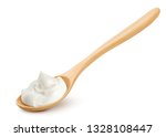 sour cream in wooden spoon, mayonnaise, yogurt, isolated on white background, clipping path, full depth of field