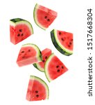 Small photo of Falling watermelon isolated on white background, clipping path, full depth of field