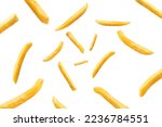 Falling french fries, potato fry isolated on white background, selective focus