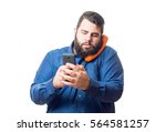 Young man with blue shirt has a retro orange phone with his head and in his hand hold a smartphone isolated on white background