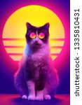 Small photo of Retro wave synth vaporwave portrait of a cat in sunglasses with palm trees reflection. 80s sci-fi futuristic fashion animal poster style violet neon aesthetics.