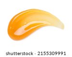 Small photo of Clear orange gel smear curve with bubbles isolated on white background top view