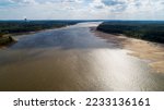 Drone view looking downstream on the Mississippi River near Grand Gulf, Mississippi. Low water on the river exposed a sandbar on the right descending bank. Lowest water in 30 years.