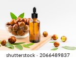 Small photo of Jojoba oil in a bottle with a dropper on a wooden table with ripe jojoba fruits. Chinese Date Oil and Fruit