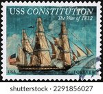 Small photo of Milan, Italy – February 18, 2023: Historic frigate Constitution on US postage stamp