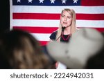 Small photo of GREENWOOD VILLAGE, COLORADO. Nov 8, 2022: Colorado Republican Party Chairwoman Kristi Burton Brown addresses a crowd of Republicans at the party's official election night event.