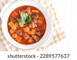 Gulasch or goulash in a white porcellain bowl. originated from Hungaria. perfect for recipe, article, or any cooking contents. 