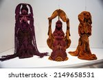 Small photo of VENICE, ITALY - April 20: View of the Mrinalini Mukherjee's hemp figures titled Devi, Rudra and Vanshree at the 59th Venice biennale on April 20, 2022