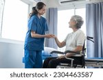 Small photo of Asian senior care nurses and grandmothers provide caring support to elderly women hand clasp to encourage exercising with elder disabled person patient with caregiver in nursing care.