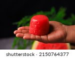 Small photo of watermelon delight, watermelon dessert, watermelon pudding, watermelon jelly closeup with selective focus and blur