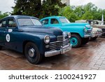Small photo of NIZHNY NOVGOROD, RUSSIA - JUNE 15, 2020: Classic Soviet Car Exhibition. Customized blue GAZ M72 and GAZ M20 Volga. Historical, retro, vintage and nostalgia concept