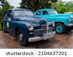 Small photo of NIZHNY NOVGOROD, RUSSIA - JUNE 15, 2020: Classic Soviet Car Exhibition. Customized blue GAZ M72 and GAZ M20 Volga. Historical, retro, vintage and nostalgia concept