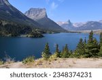 Small photo of This view of St. Mary's lake in Glacier National park in Montana. This view is from the Sun Rise pullout trail, a short walk to this alpine lake in the Rocky Mountains along the Going to the Sun Road