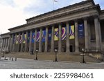 Small photo of Liverpool, Merseyside, United Kingdom - February 5 2023: Banners on the front of St George's Hall in Liverpool town centre promoting the Eurovision Song Contest Liverpool 2023