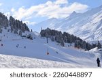 Beautiful sunny day on the Obergurgl ski runs, a ski resort in the Ötztal Alps in Tyrol, Austria 