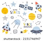 Cute outer space set. Cosmic scandinavian vector collection. Doodle space stickers bundle.