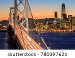 San Francisco Bay Bridge and Skyline at Dusk. Yerba Buena Island, San Francisco, California, USA.