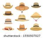 Farmers gardening hats. Asian japan hat and and female straw cap, yellow beach head accessory and summer traditional agriculture rural headdress isolated on white background