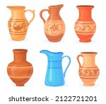 Cartoon rustic pottery. Clay jars bowl dish pot old art jug, isolated ceramic earthen ceramics pots, craft pitcher for milk, earthenware utensil, flat vector illustration. Jar ceramic, clay pottery